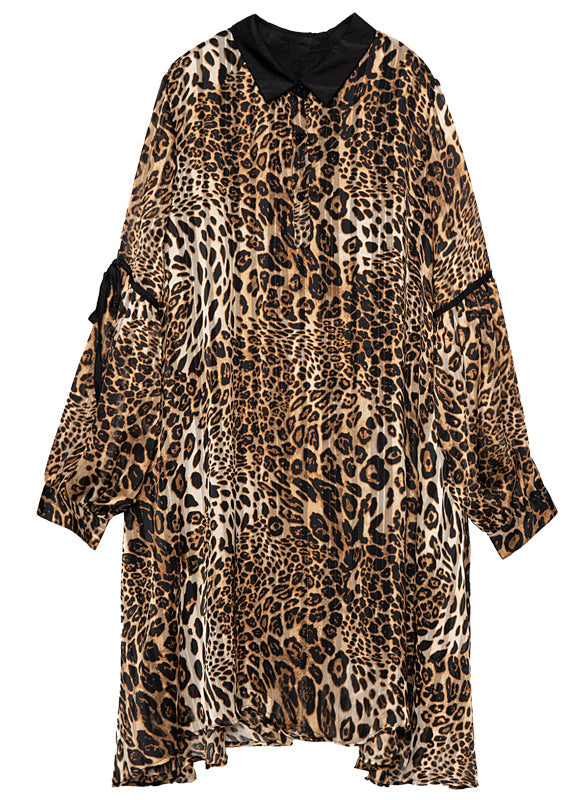 Animal Print Contrast Collar Bishop Sleeve Ribbon Tie Shirt Mini Dress