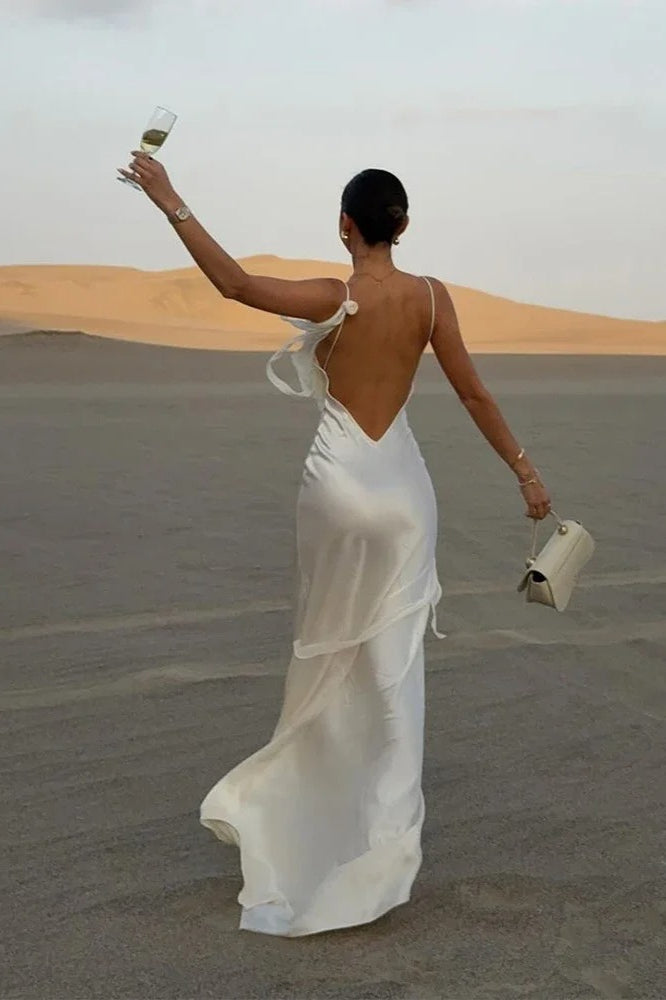 Elegant White Satin Backless Maxi Dress