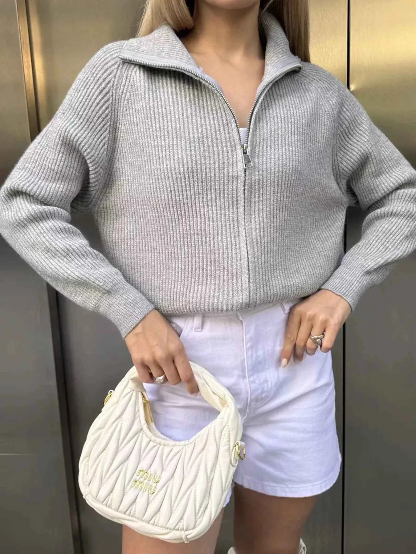 Zip-Up Ribbed Knit Cardigan