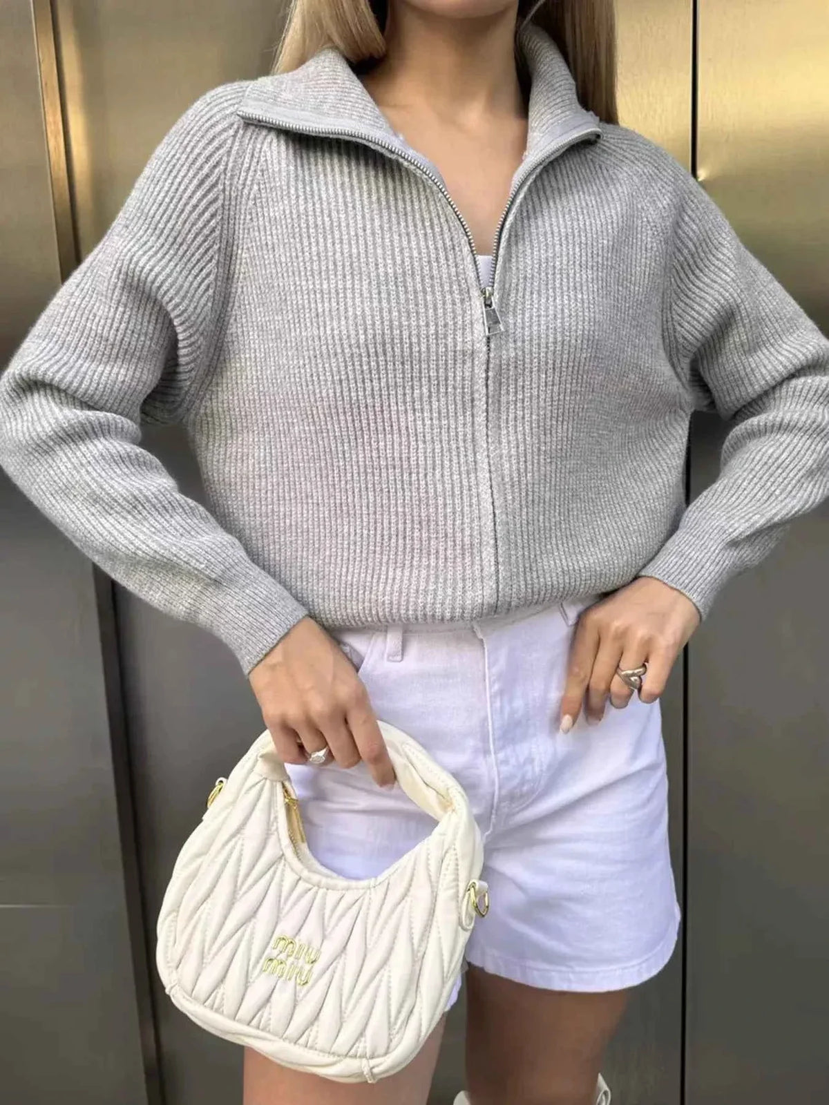 High Neck Zip Front Ribbed Knit Oversized Cardigan 6