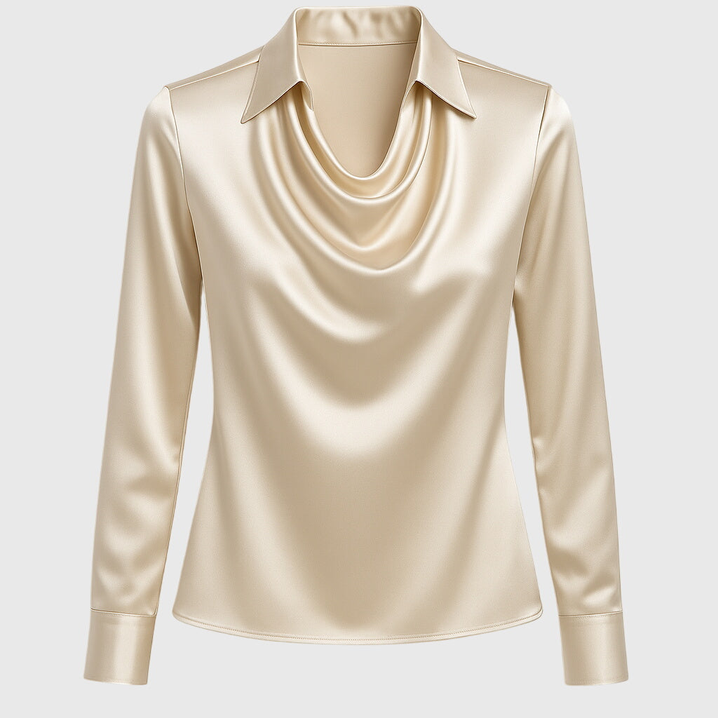 Collared Cowl Neck Long Sleeve Satin Blouse