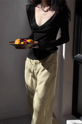 Slim Fit Low Cut Long V Neck Ribbed Long Sleeve Top