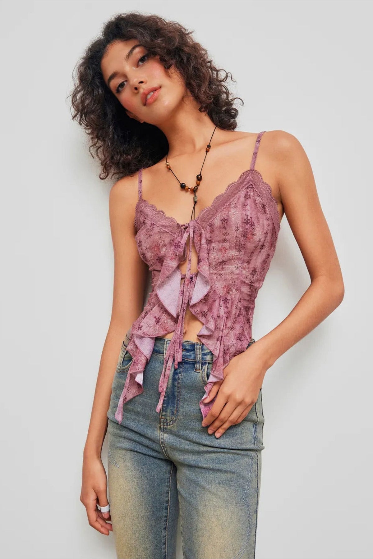 Lace Floral Ruffle Cami Top