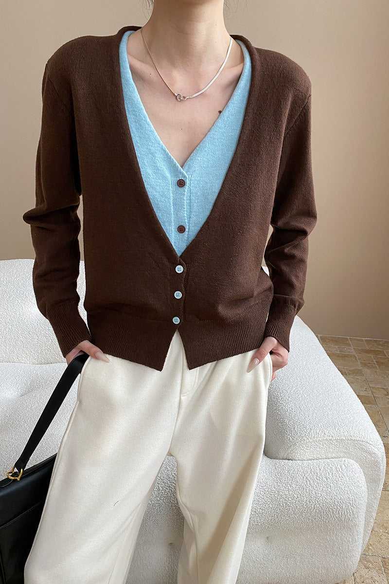 V-Neck Long Sleeve Two Tone Layered Look Button Front Knit Cardigan