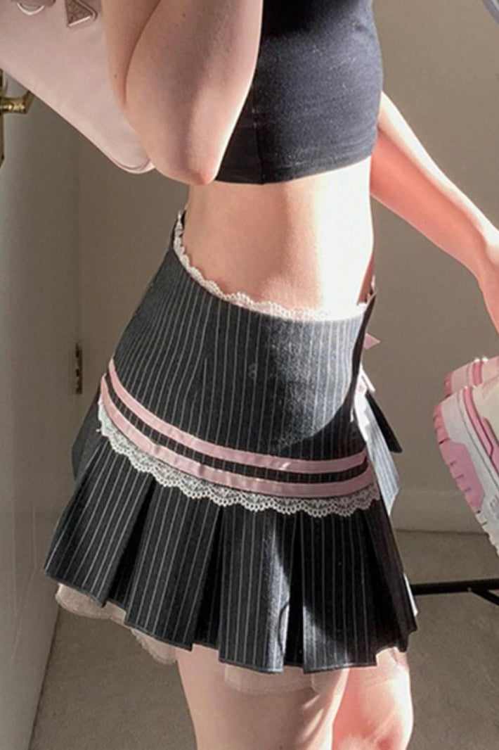 Pinstripe Pleated Lace Trim Bow Low Rise Mini Skirt 3