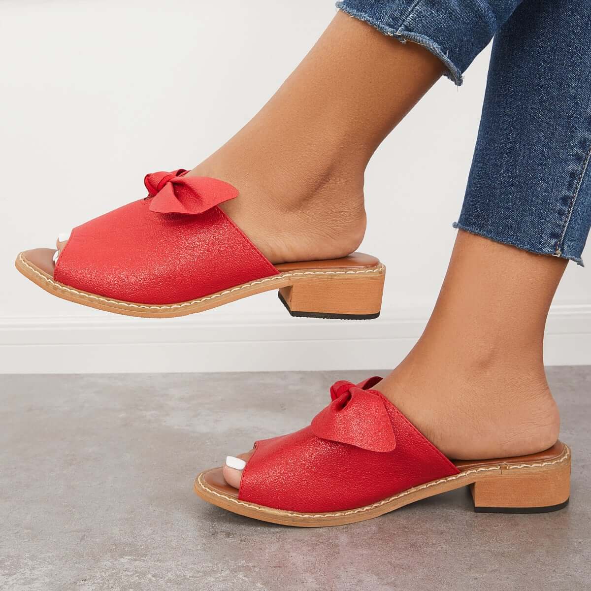 Womens Fashion Peep Toe Low Heel Bow Slippers