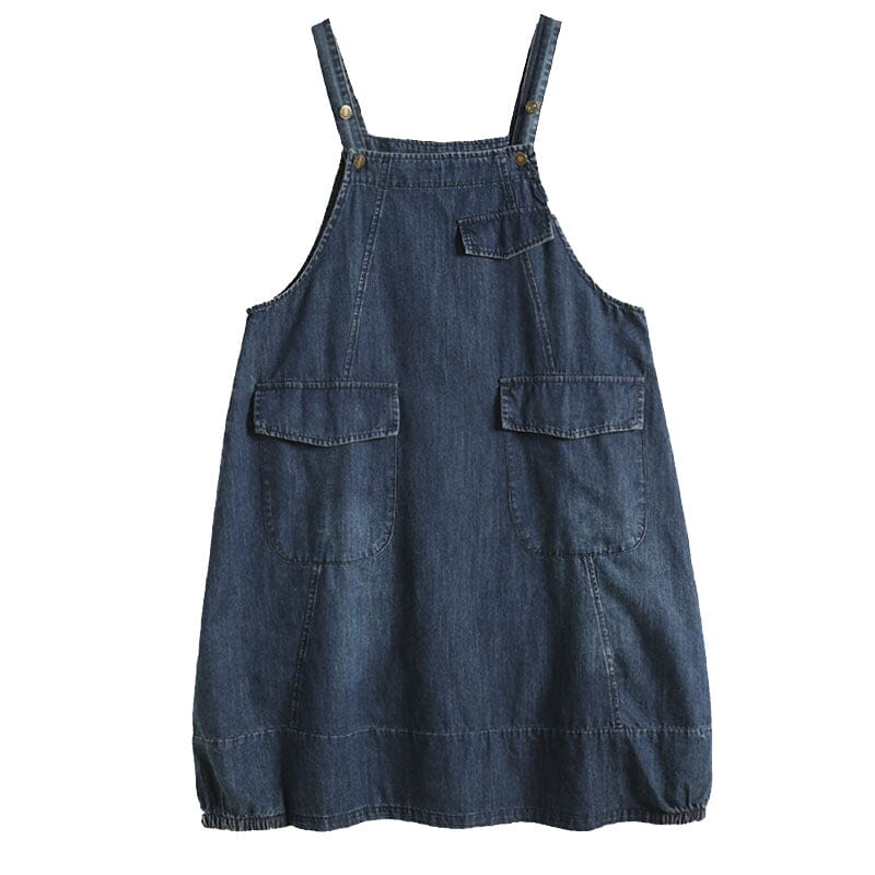 Sleeveless Denim Pinafore Flap Pocket Button Strap Midi Dress