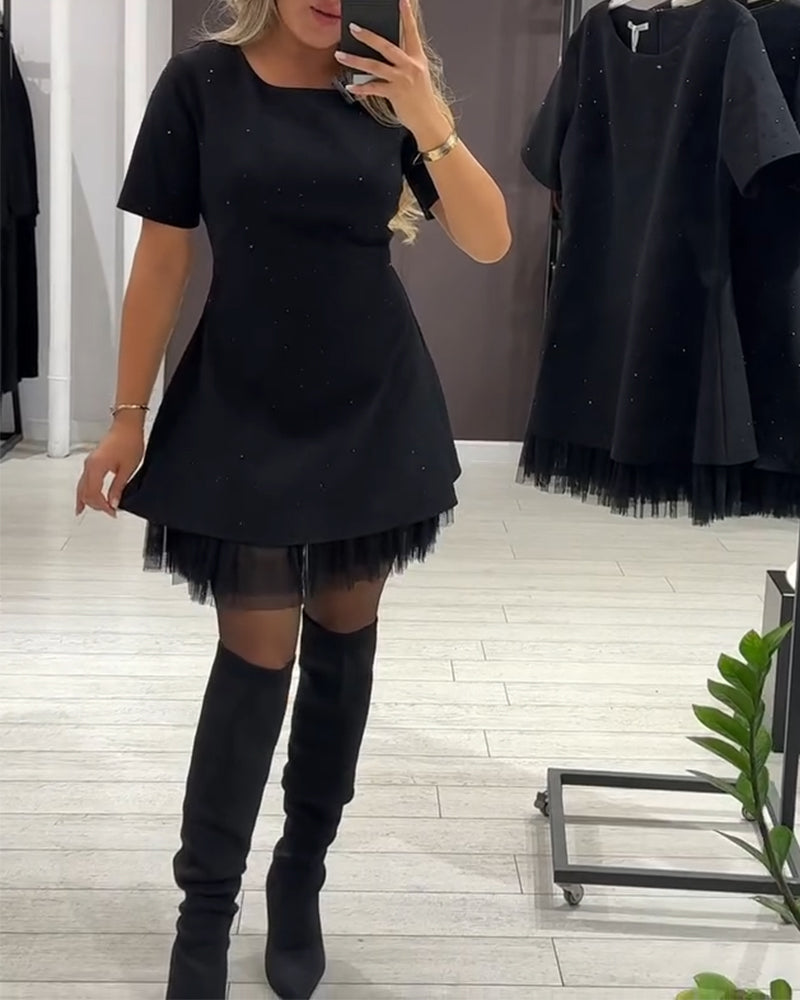 Rhinestone Tulle Hem Short Sleeve Fit and Flare Mini Dress