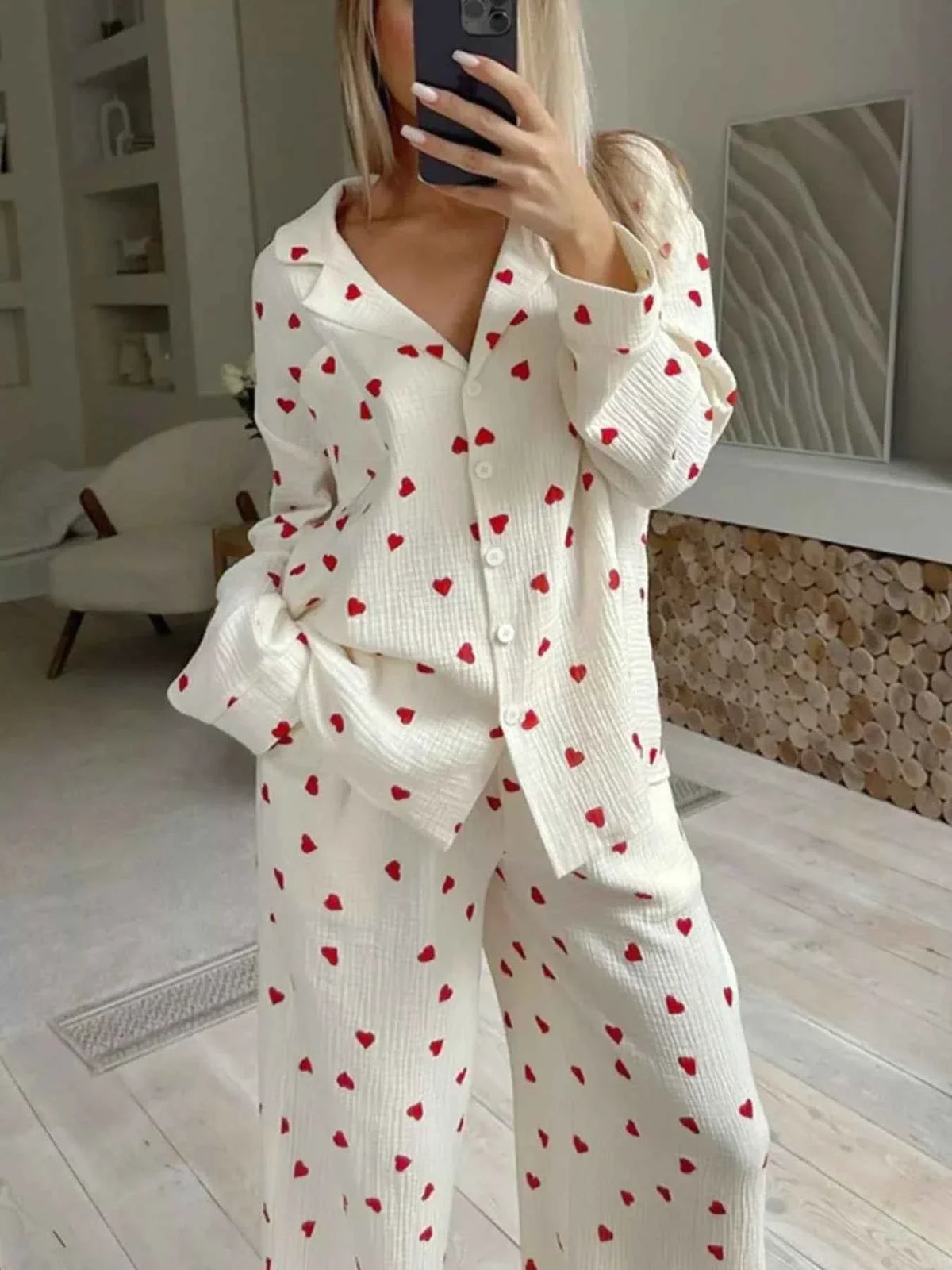 Heart Print Textured Button Front Shirt and Wide Leg Pants Two Piece Set 4