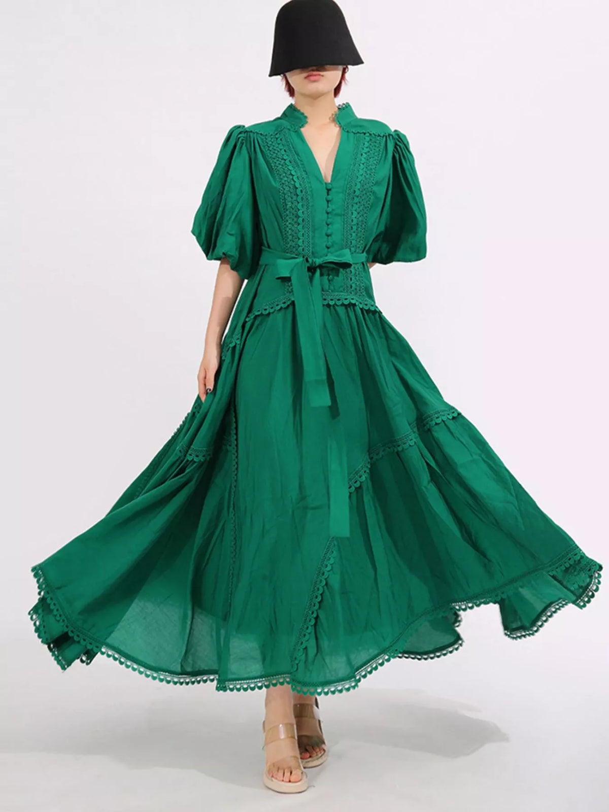 Crochet Lace Trim Notched Neck Puff Sleeve Tie Waist Tiered Maxi Dress 3