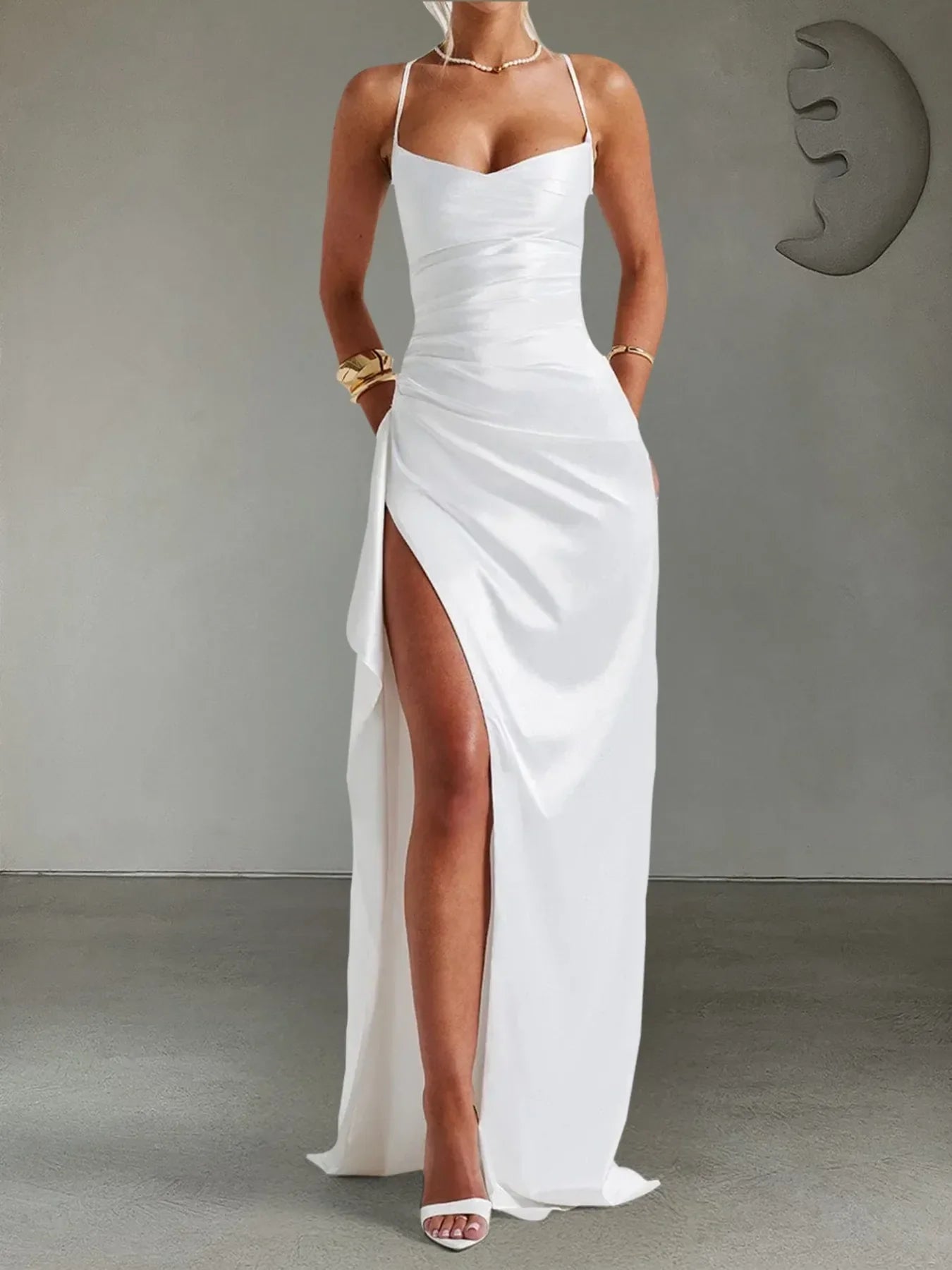 Slit Crisscross Back Maxi Cami Dress White