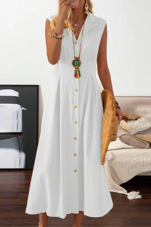 V-Neck Lapel Collar Sleeveless Button Front Pleated Waist A-Line Midi Dress