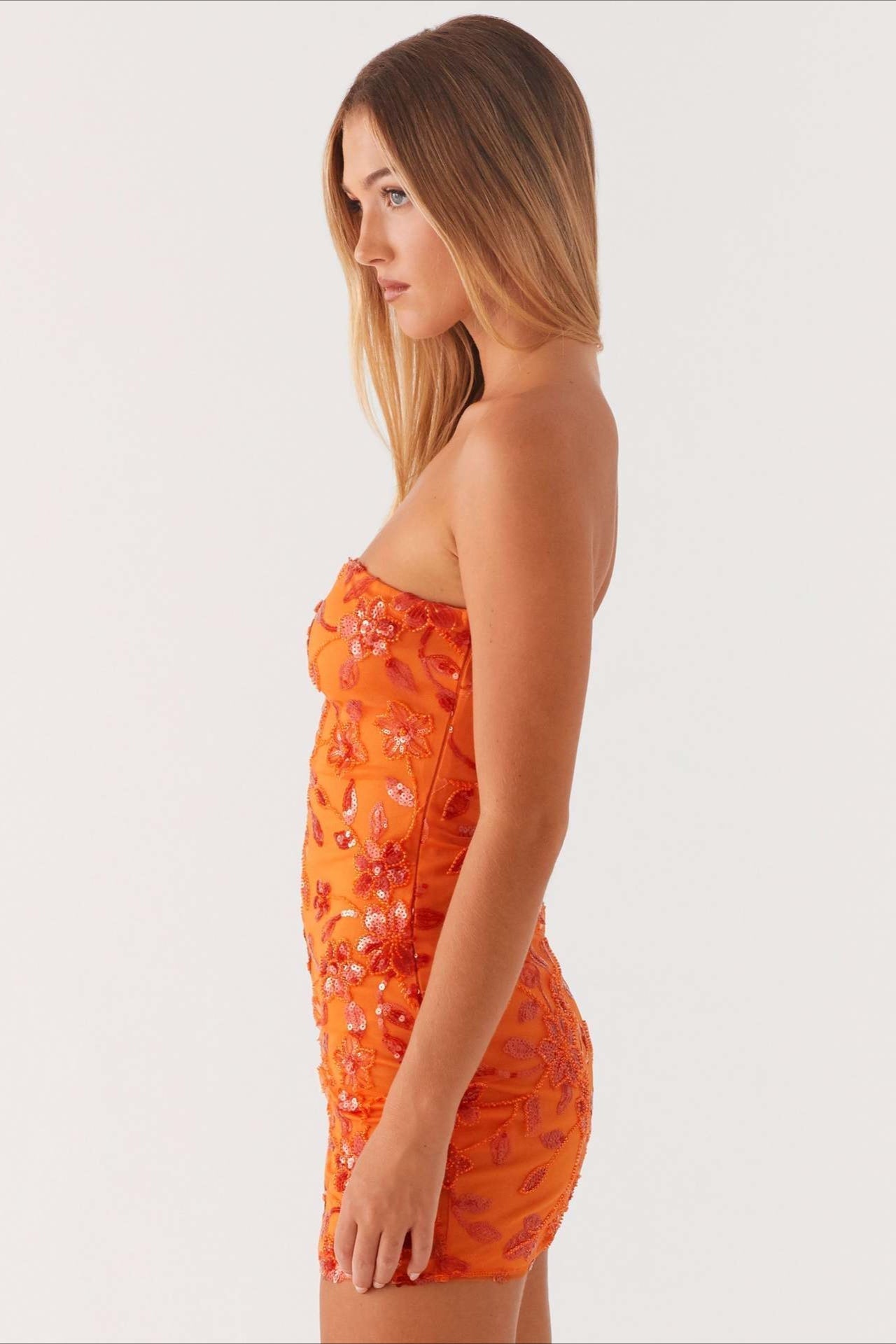 Floral Sequin Strapless Ruched Bodycon Mini Dress