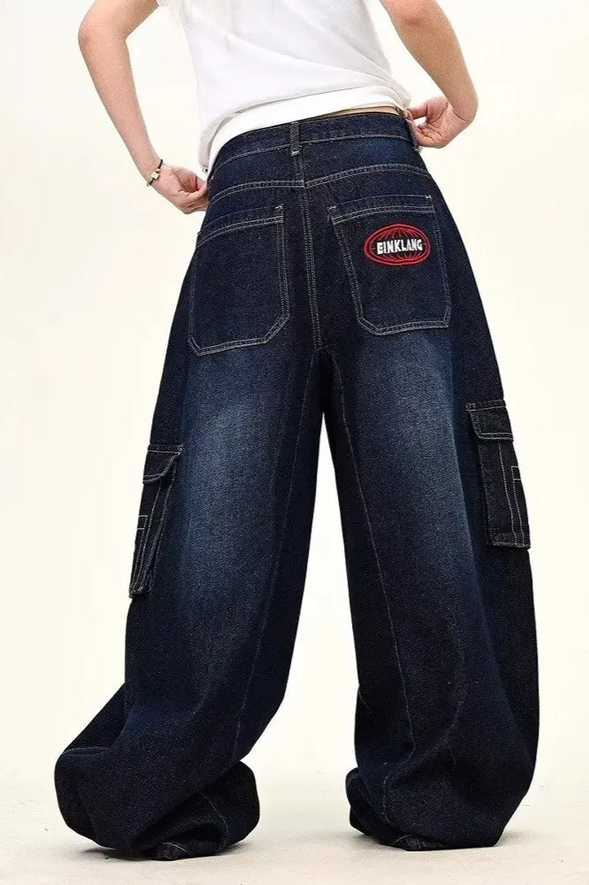Dark Blue Cargo Wide-Leg Jeans