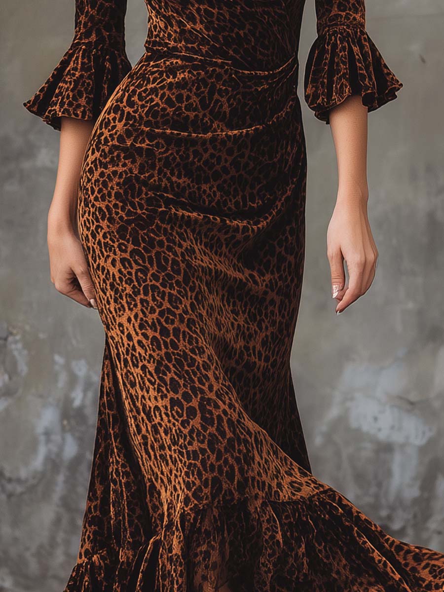 Caramel Velvet Leopard Print Wrap Maxi Dress