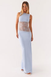 Sheer Lace Satin Panel Backless Fit Lace Dress