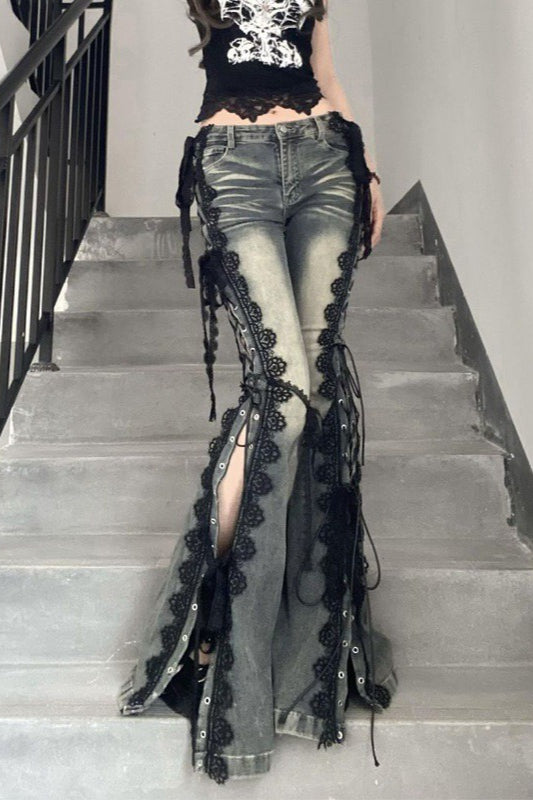 Vintage Washed Lace Flared Denim Jeans