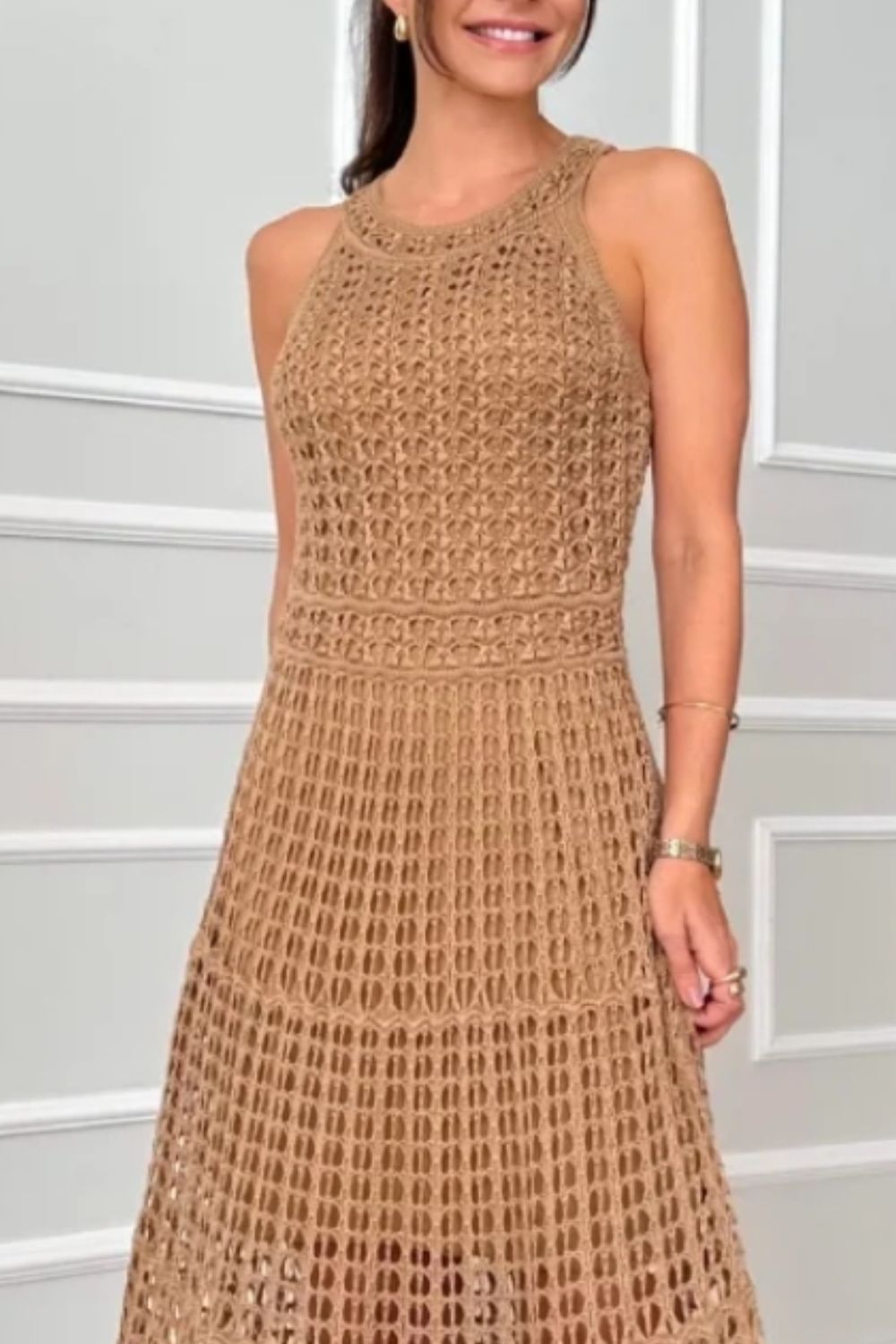 Crochet Knit Halter Neck Sleeveless Tiered Maxi Dress 6