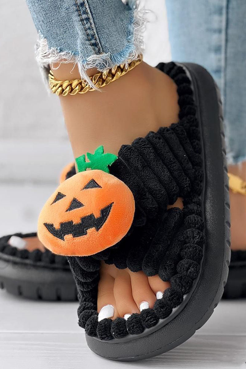 Halloween-Themed Cross Strap Fuzzy Slippers Featuring Pumpkin Patterns