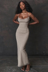 Solid Patchwork Spaghetti Strap Lace Mesh Maxi Dress 3