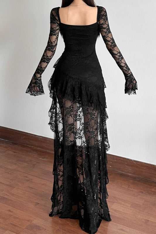 Long Sleeve Irregular Hem Lace Dress 2