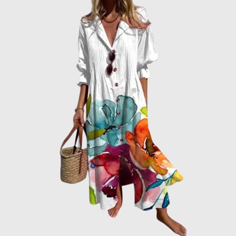 Watercolor Floral Print Split Neck Long Sleeve Maxi Dress