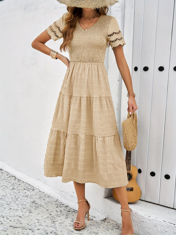 V-Neck Short Sleeve Smocked Bodice Cut Out Trim Tiered Midi Dress