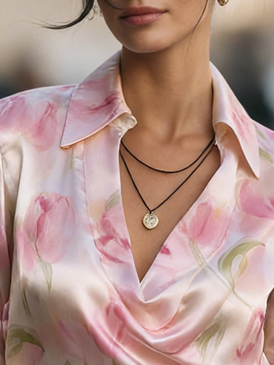 Floral Print Satin Collared Long Sleeve Blouse