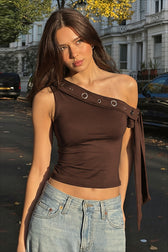 One-Shoulder Eyelet Sash Detail Crop Top