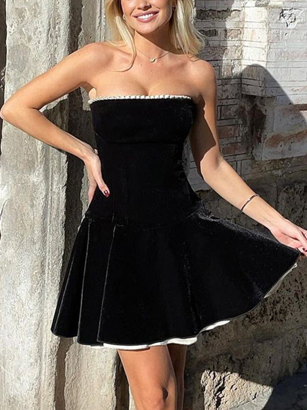 Black Vintage Velvet Splice Pleated Bandeau Mini Dress - View 6