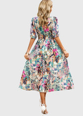Floral Chiffon Deep V-Neck Puff Sleeve Smocked Maxi Dress 2