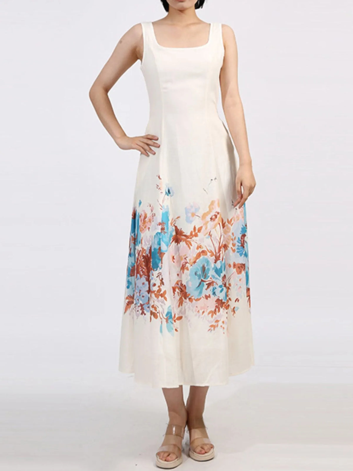 Floral Border Print Square Neck Sleeveless A-Line Midi Dress with Pockets 7