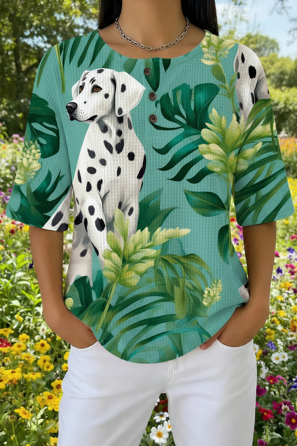 Womens Green Dalmatian Leaf Print Casual Waffle Cotton Shirt
