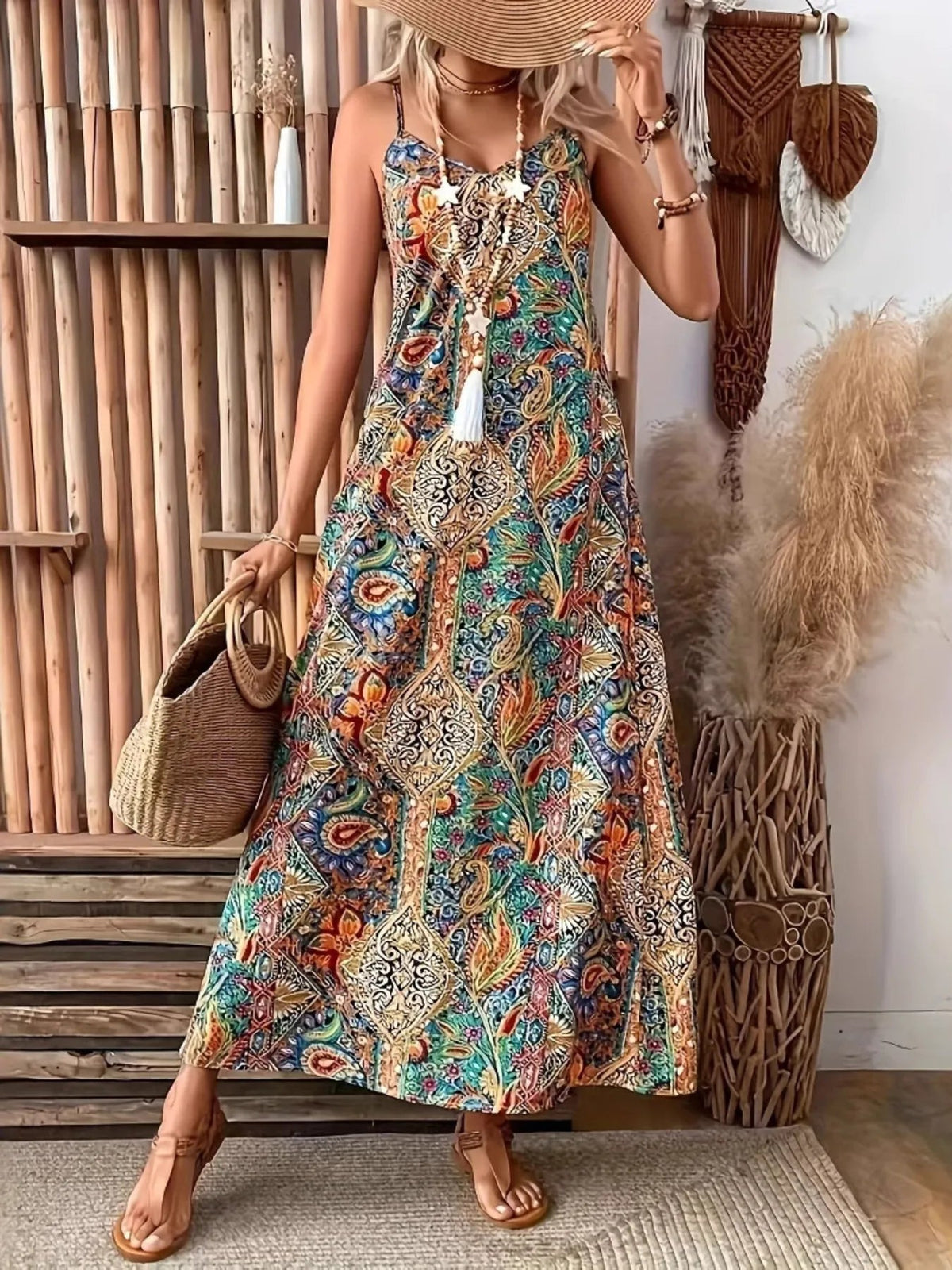 Paisley Print V-Neck Spaghetti Strap Flowy Maxi Dress 4