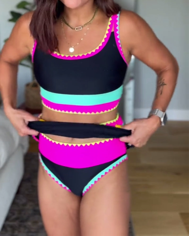 Color Block Scallop Trim Tankini Top and Swim Skirt Set