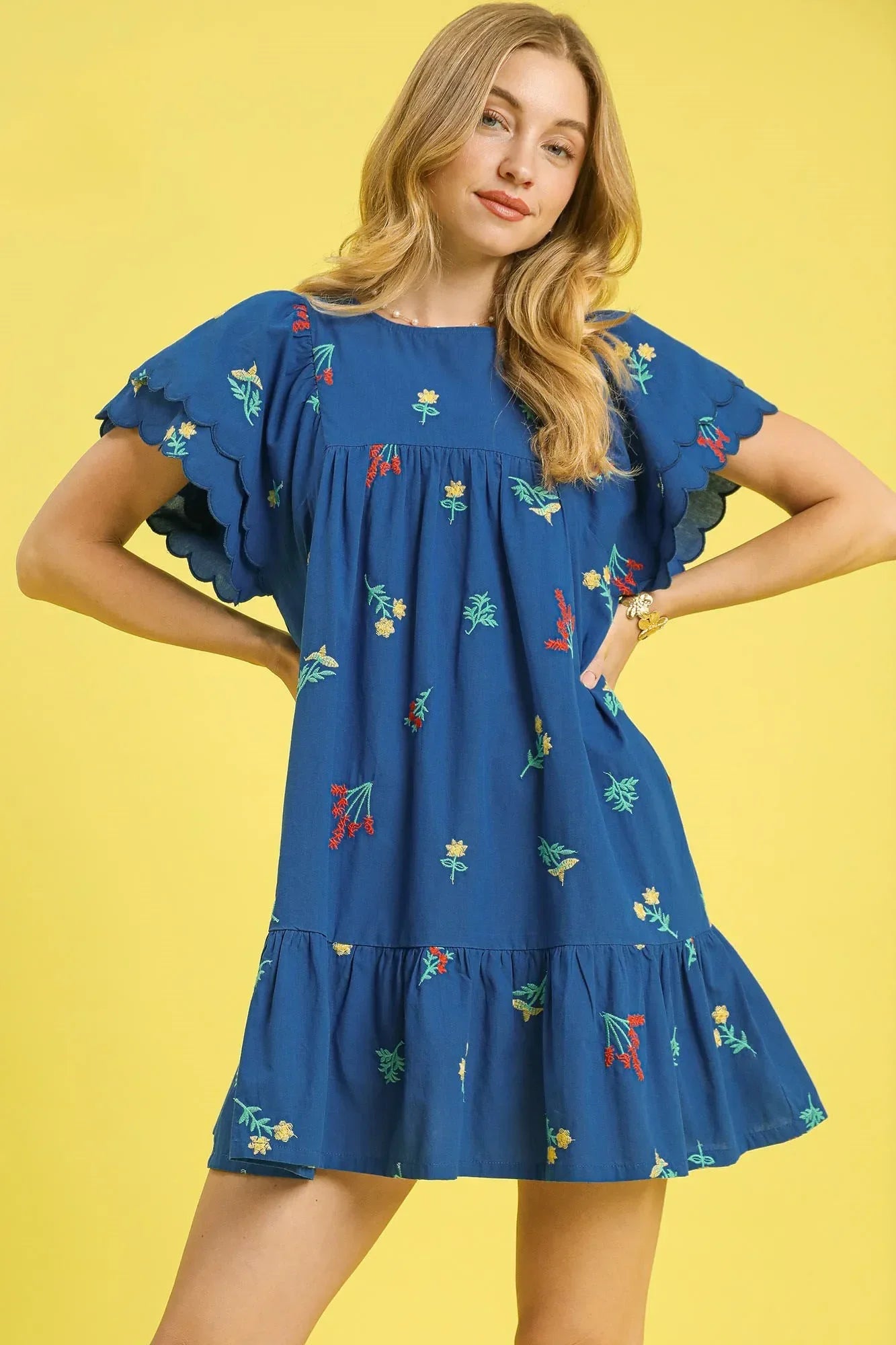 Dark Blue Floral Embroidered Mini Dress Dark Blue