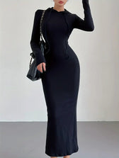 Casual Long Sleeve Drawstring Hooded Bodycon Dress - Black S / Black Long Bodycon Dress