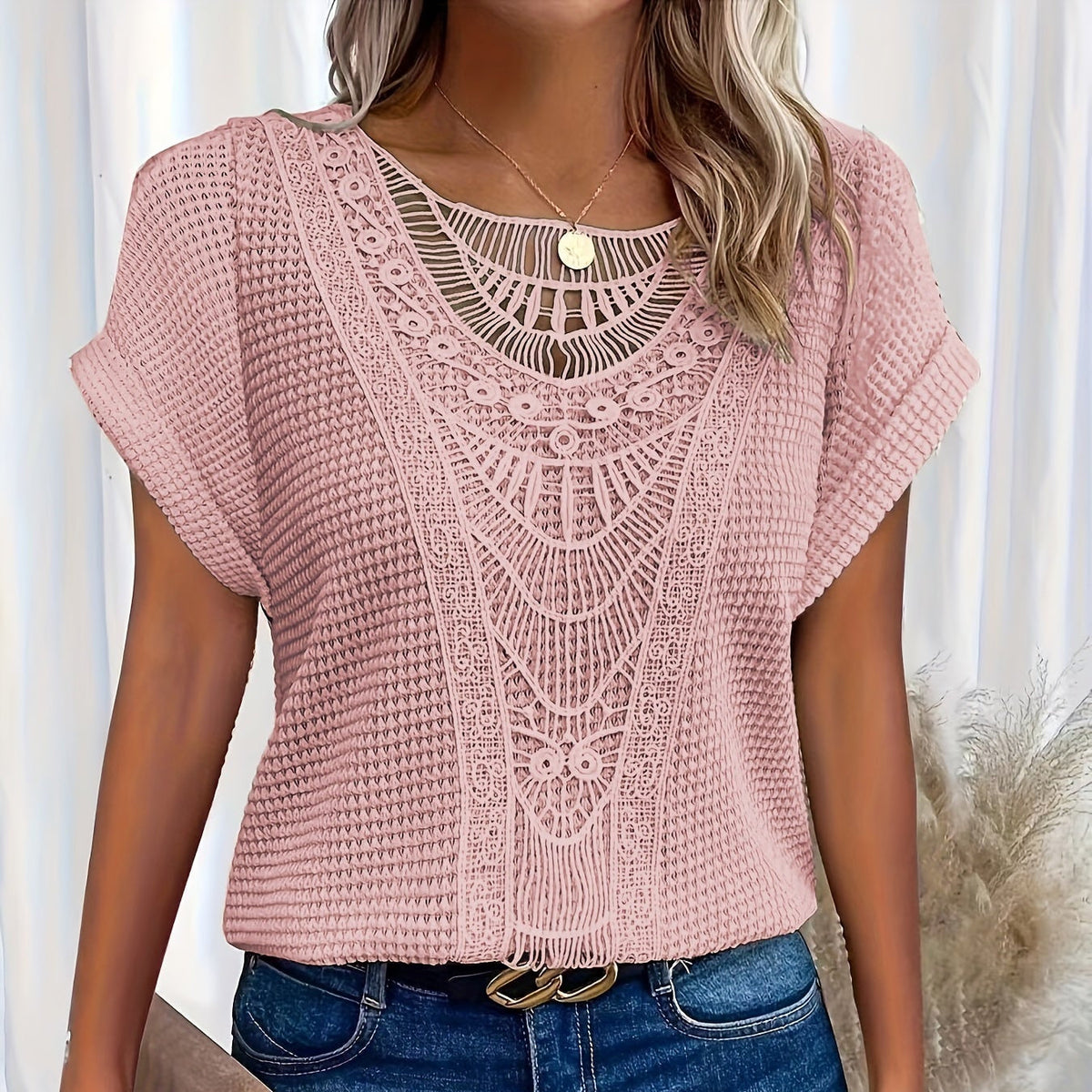 Crochet Lace Panel Round Neck Short Sleeve Waffle Knit Top
