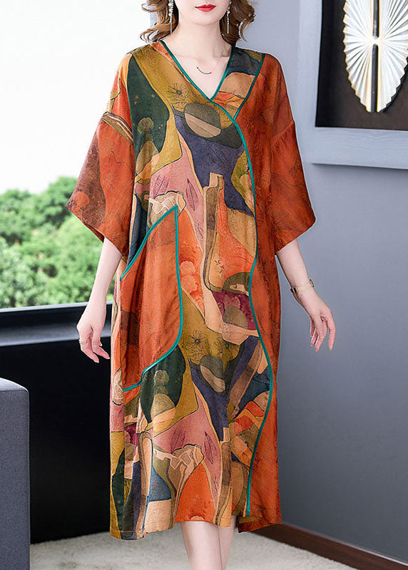Abstract Print V-Neck Kimono Sleeve Piped Pocket Midi Shift Dress