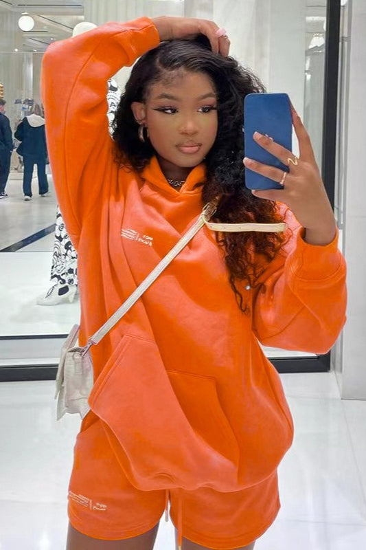Oversized Kangaroo Pocket Letter Print Hoodie and Shorts Two Piece Set 5