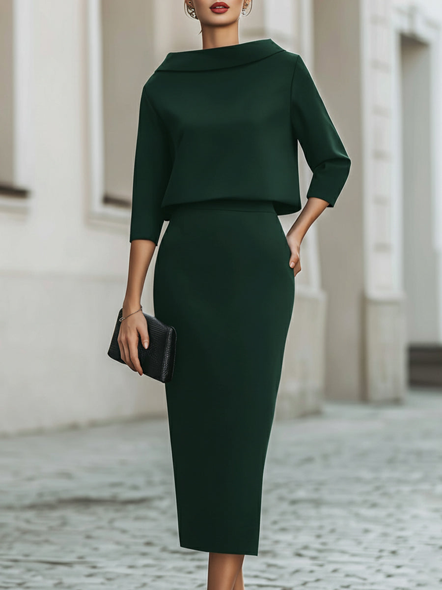 Cowl Neck Top and Straight Midi Skirt Two Piece Set