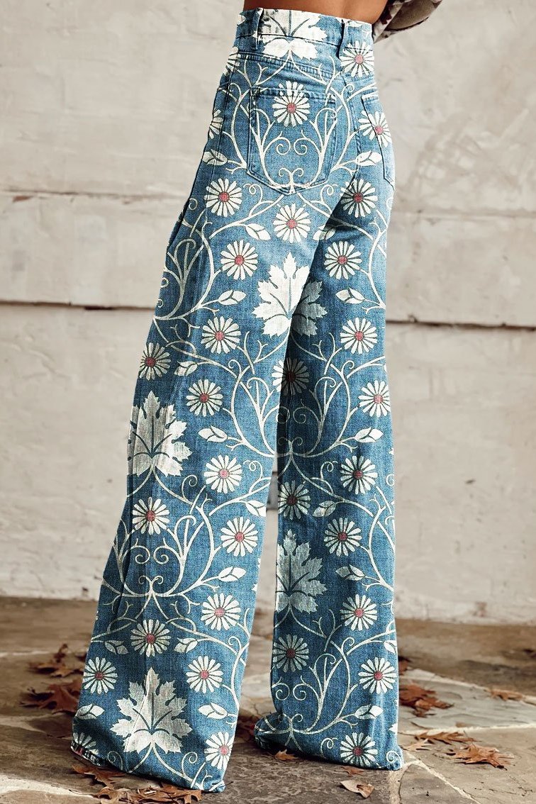 Floral Print High Waist Wide Leg Jeans