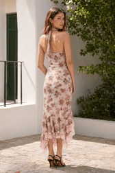 Luxury Halter Lace Trim Irregular Mermaid Long Floral Dress