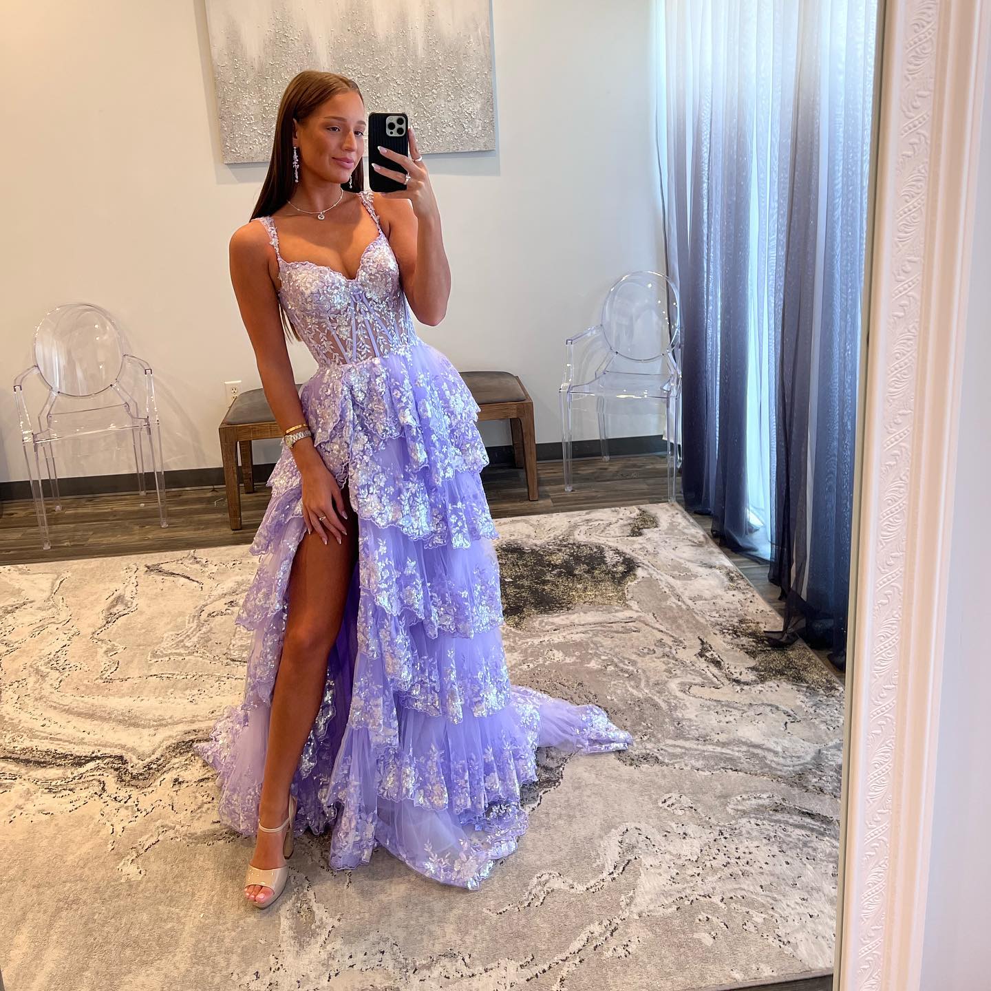 L1938 - Off-Shoulder Sequined Appliqued Sheer Tulle A-Line Long Homecoming Dress