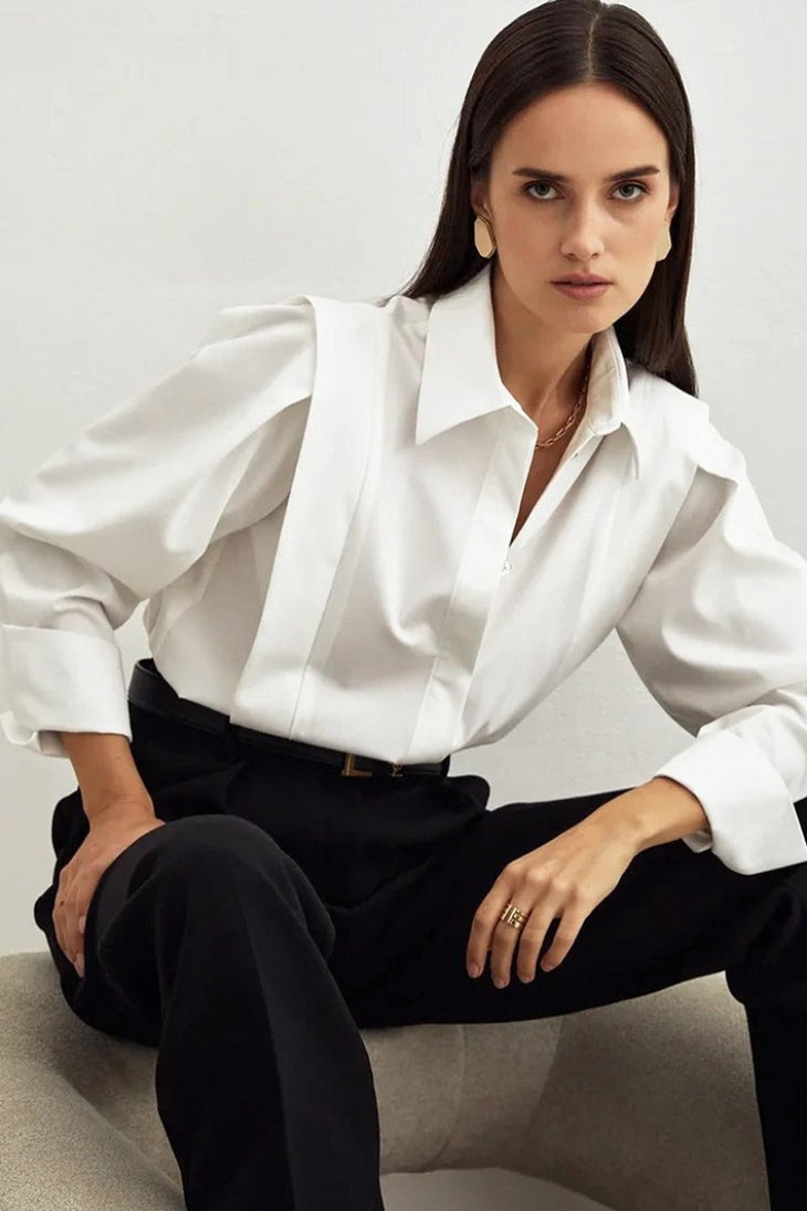 Pleated Shoulder Panel Collared Button Front Long Sleeve Shirt 2