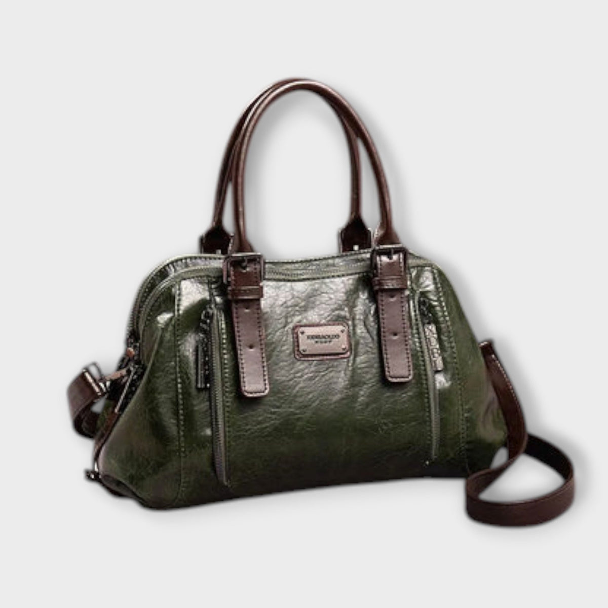 Buckle Strap Zip Faux Leather Satchel Handbag
