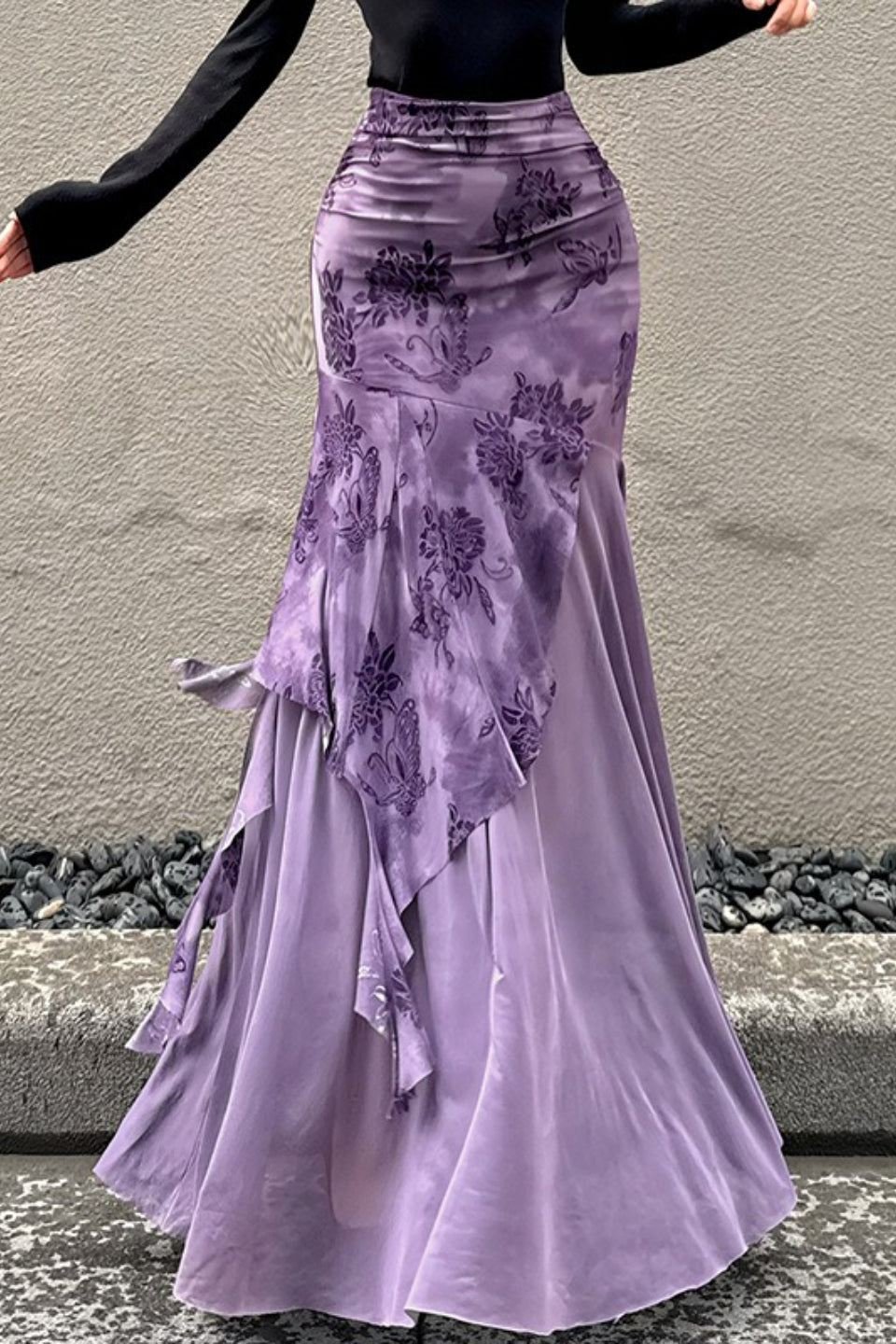 Floral Print Mesh Ruched Asymmetric Ruffle Mermaid Maxi Skirt 5