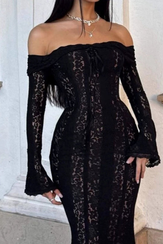 Lace Bell Sleeve Strapless High Waist Formal Dress - View 3