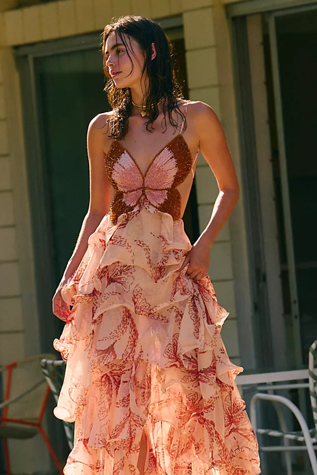 Butterfly Print Spaghetti Strap Tiered Ruffle Maxi Gown 9