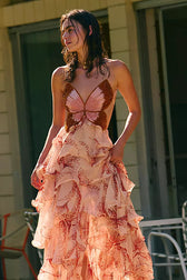 Butterfly Print Spaghetti Strap Tiered Ruffle Maxi Gown 9